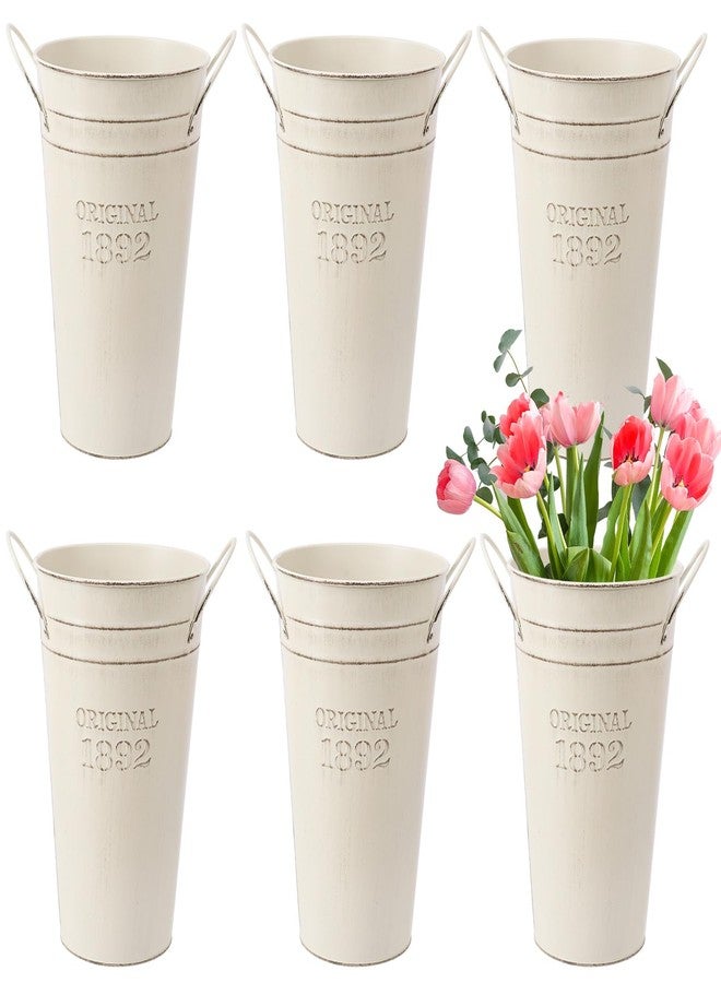 IHDYPPEW 6 Packs 10 Inch Galvanized Metal Flower Vases with Handles, Rustic French Metal Flower Buckets for Cut Flowers, Country Wedding, Table Centerpiece Decorations(Milky White) - Image 1